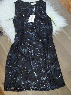 Black Sequin Mini Dress Crew Neck Back Zip Fully Lined Party Cocktail Medium